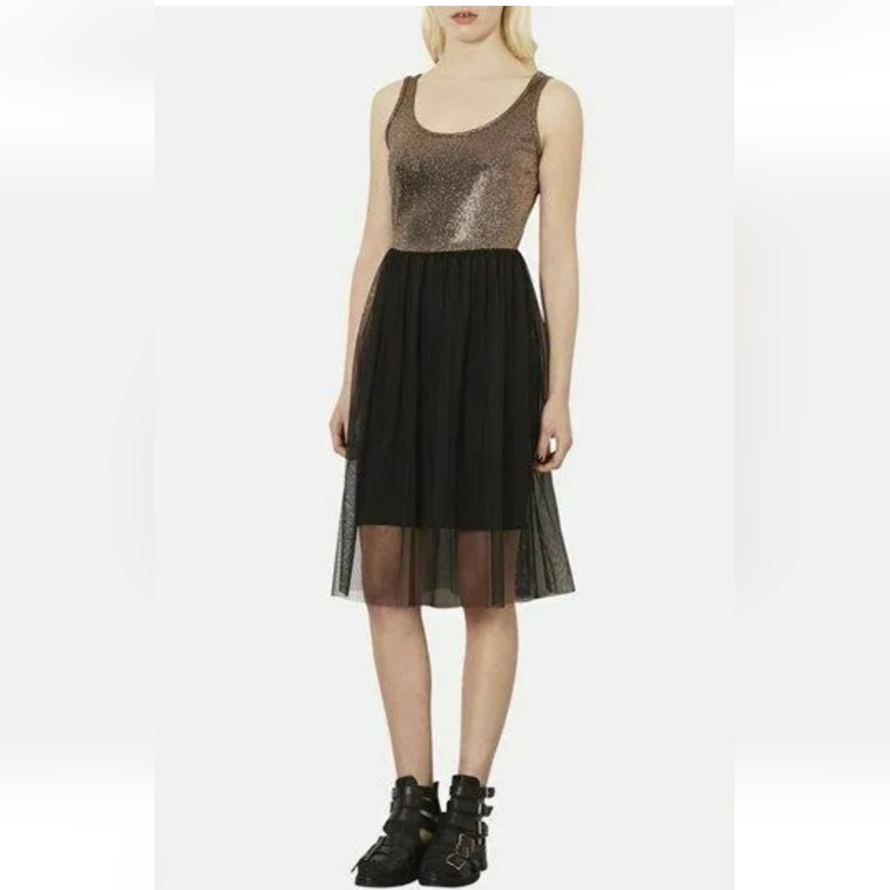 Topshop Gold Stretch Black Tulle Skirt Lined Tank   Dress/ Size 6.